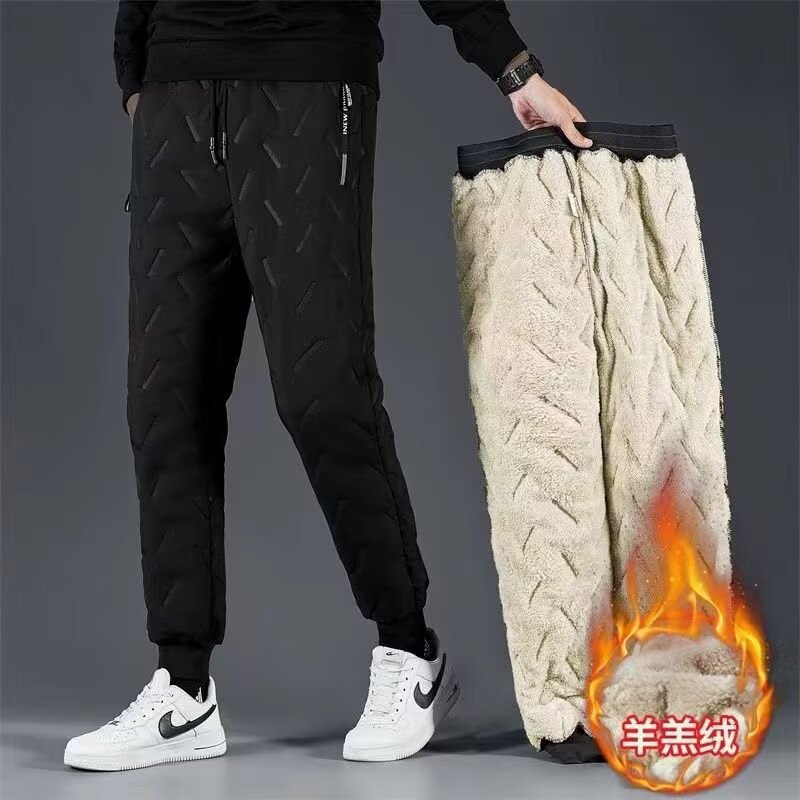 Thickened long men's thermal pants, plus size, elastic waist, fleece-lined, cotton pants, autumn and winter warm lamb fleece casual pants