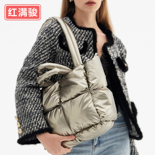 Down bag cotton jacket women's bag simple space bag solid color soft square fill one-shoulder handbag new cross-border