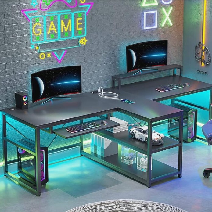 Office Computer Desk, Double Gaming Desk with Storage, Led Light Power Strip Monitor Stand