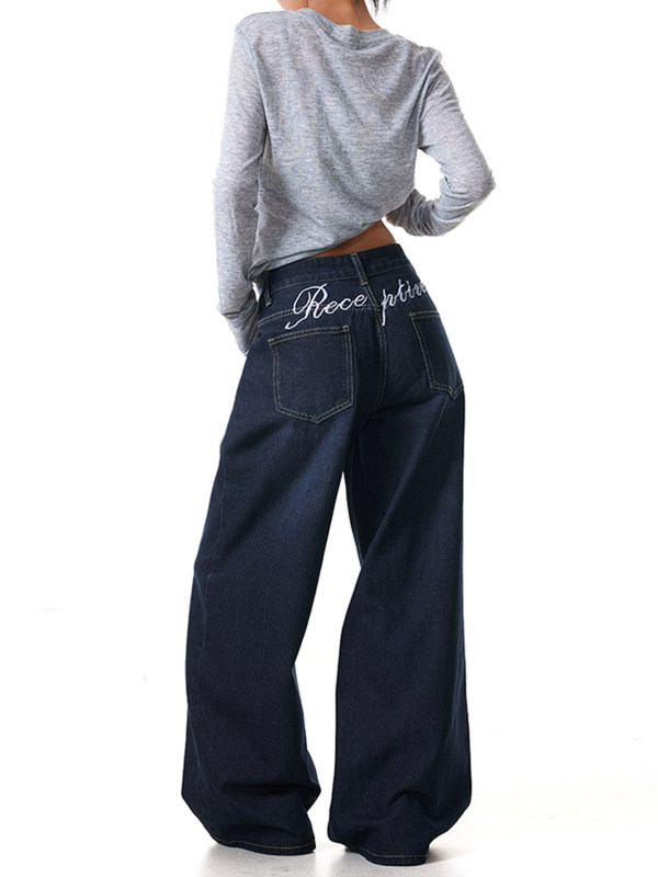 Original Blue-Gray Embroidered Jeans for Women, Slimming, Versatile, Loose-Fitting, Straight-Leg, Wide-Leg Pants