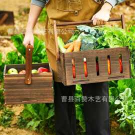 木质蔬菜瓜果收纳篮复古乡村风格户外采摘园收纳筐实木手提食篮