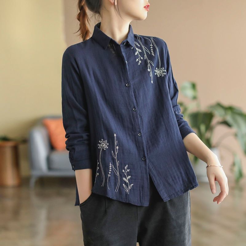 2026 Spring New Style Pure Cotton Top, Simple and Artistic Women's Long-Sleeved Shirt, Loose and Versatile Floral Embroidered Shirt