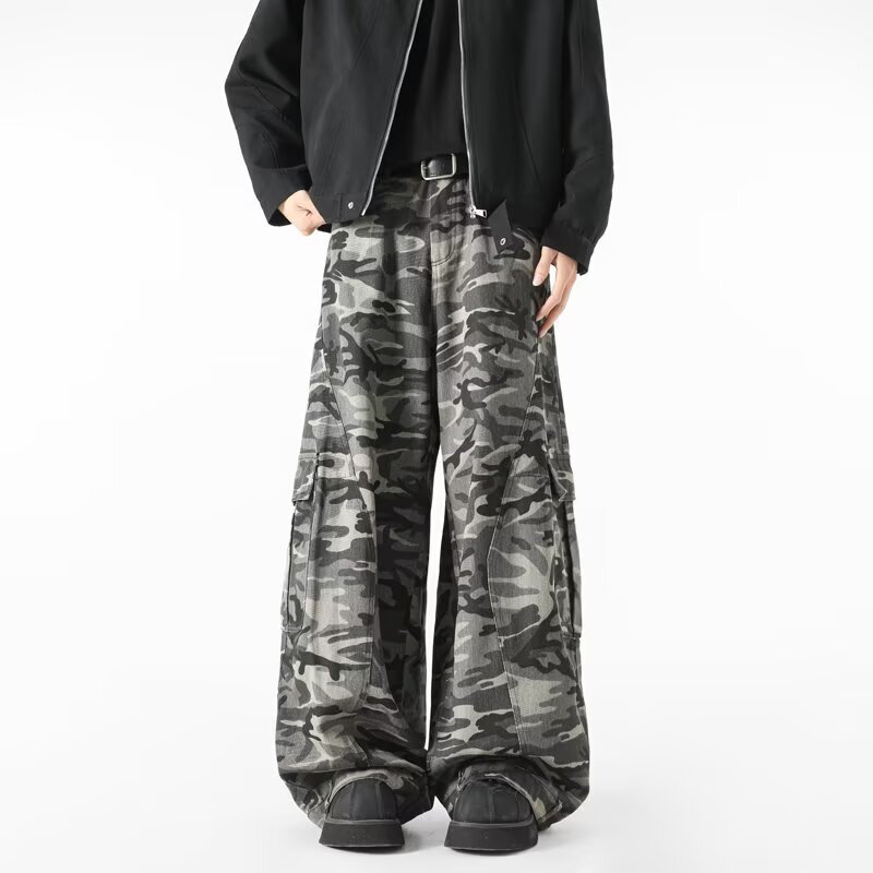 American Retro Baggy Scimitar Camouflage Workwear Unisex Trendy Street Style Loose Versatile Casual Jeans