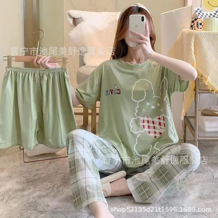Pajamasクロスボーダー外国貿易工場卸売パジャマ女性半袖ショートパンツ長ズボン三点セット漫画ホームスーツ|undefined