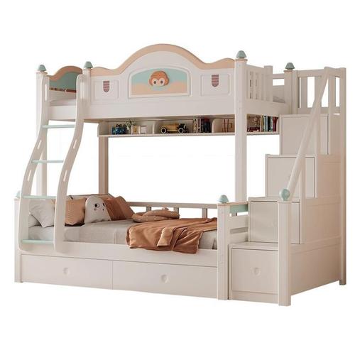 All solid wood small apartment double bed children's bed home bedroom high and low bed cute cartoon ladder up and down bed
