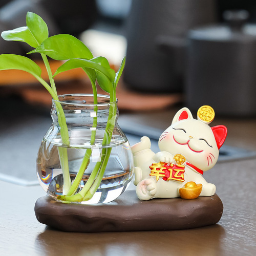 Creative living room decorations lucky cat glass flower ware home accessories office desk pothos vase ceramic hydroponic ware
