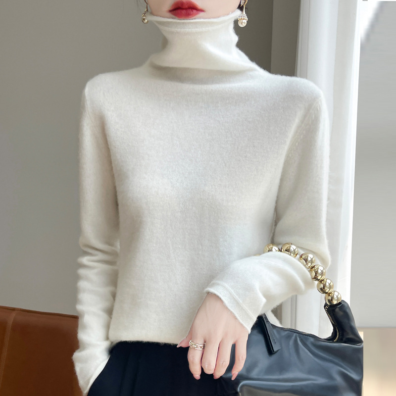 2025 Autumn and Winter New High-Neck Wool Sweater for Women, Solid Color Pullover, Loose Versatile Rolled Edge Slouchy Collar Base Sweater