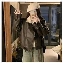 复古港风翻领长袖皮衣女2025秋冬新款毛领羊羔绒内里休闲机车夹克