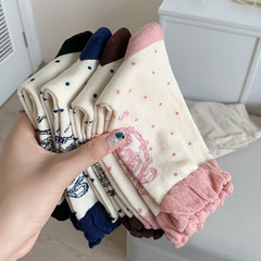Delicate point-toe socks for girls, spring and autumn style, sweet floral ruffled tights, odor-resistant mid-calf socks, pair with small leather shoes, summer knee-high socks, cotton