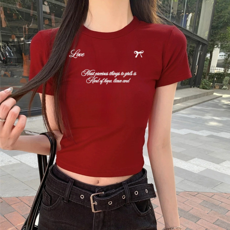 Burgundy Round Neck Short-Sleeved T-Shirt for Women, Summer New Style, Letter Print Design, Sweet and Spicy Top