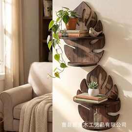 木制壁挂式置物架多层客厅绿植装饰架树叶造型隔板置物架