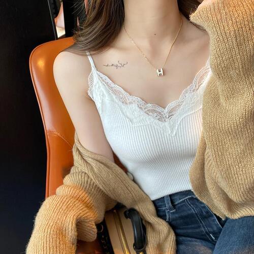 Lace suspender with knitted vest for women  new spring and autumn bottoming v-neck sexy sweet and spicy white top for women