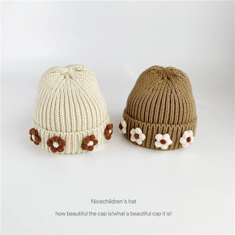 Cappello unisex lavorato a maglia con fiori, stile ins, da donna, autunno, inverno, genitore-figlio, caldo cappello di lana_voghion.com