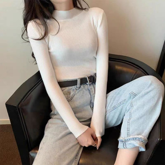 缤纷色彩长袖针织衫上衣女秋季新款内搭打底衫修身紧身半高领毛衣|undefined