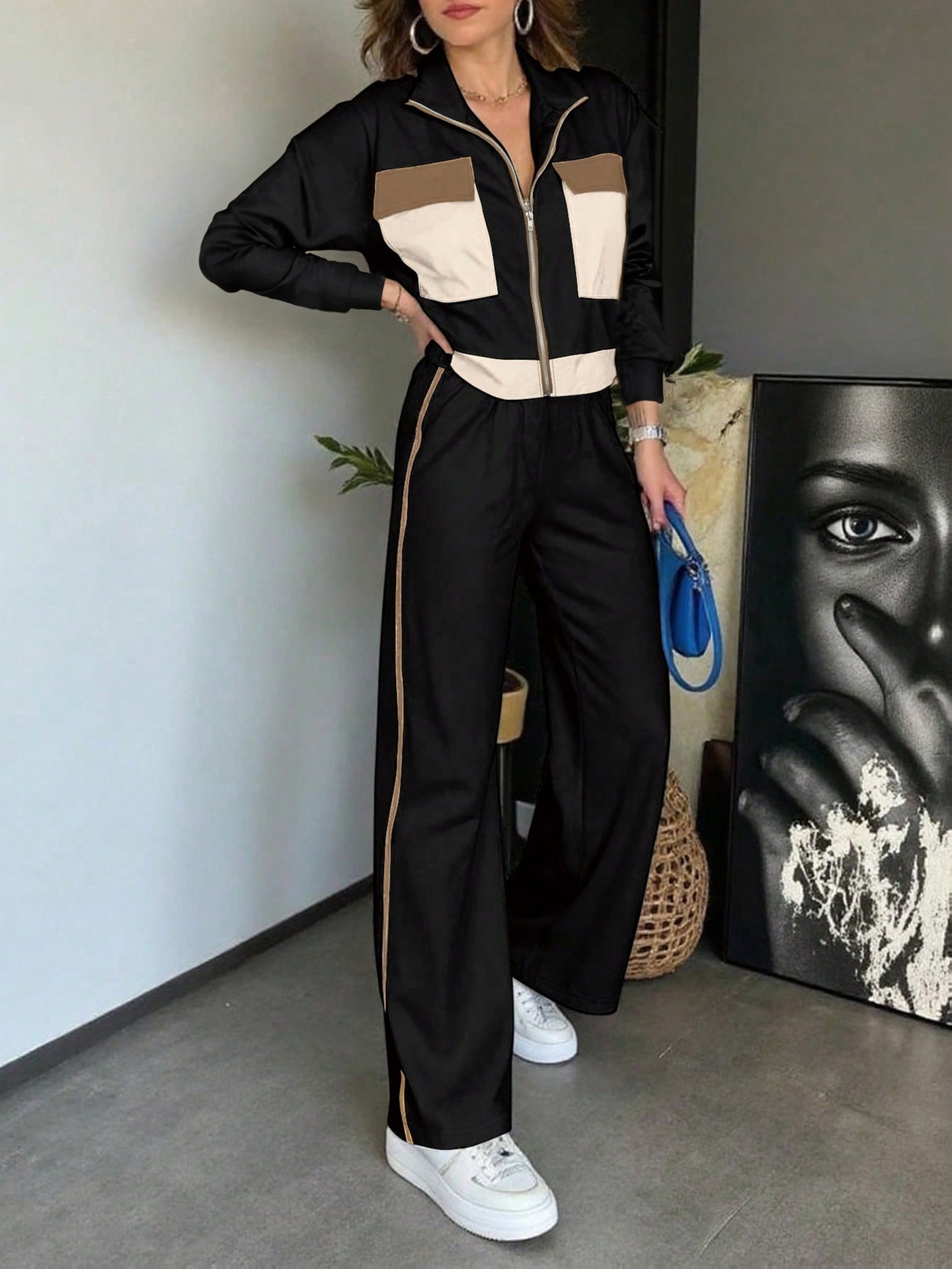 Women's Color Block Two Piece Set Long Sleeved Top Elastic Waist Straight Leg Trousers_ecoleips.com