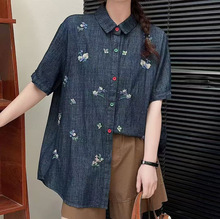 复古刺绣牛仔衬衫外套女 宽松中长款设计感半袖上衣牛仔刺