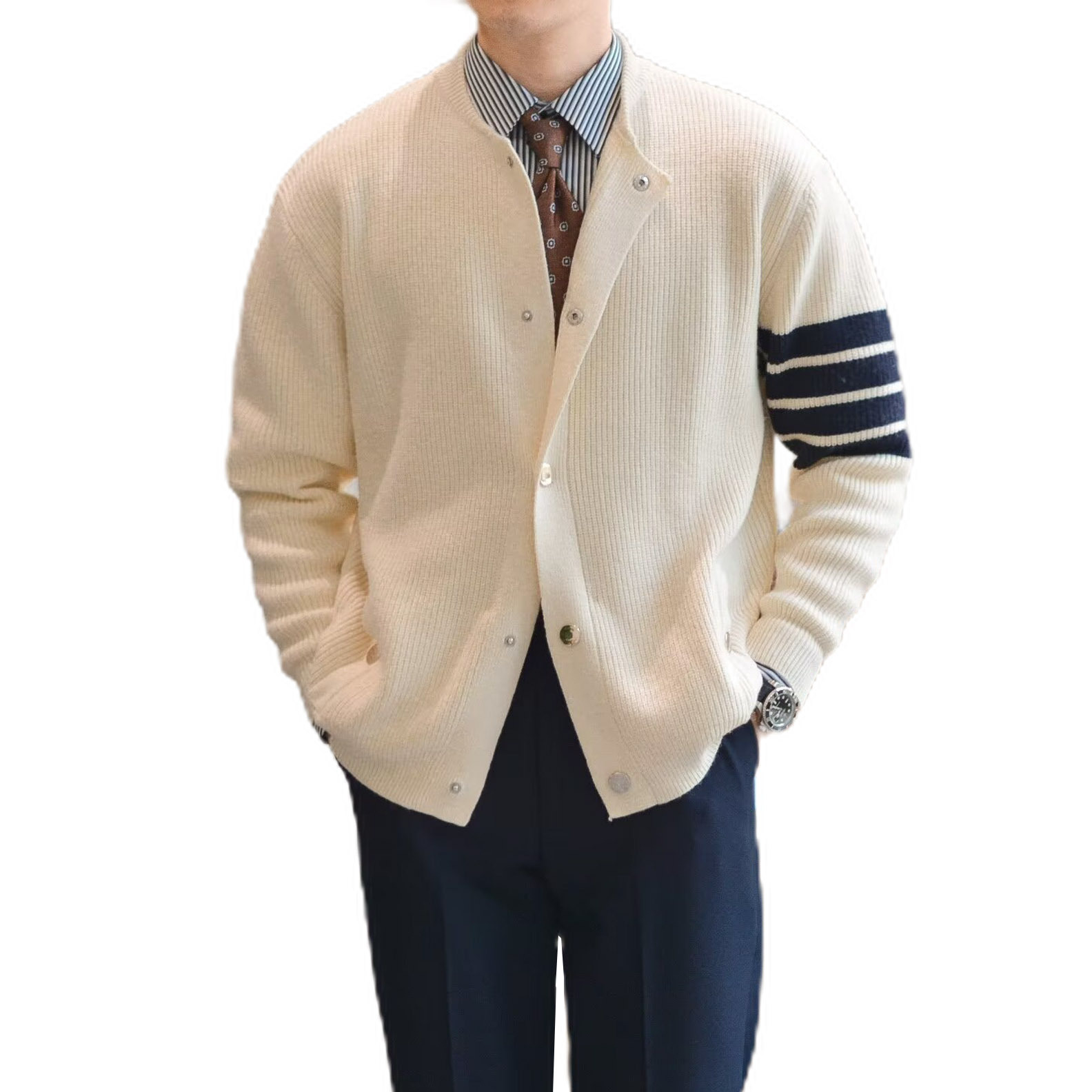 Explosiones transfronterizas de tamaño europeo de tres barras jersey de punto suéter cardigan chaqueta de negocios otoño invierno fábrica al por mayor