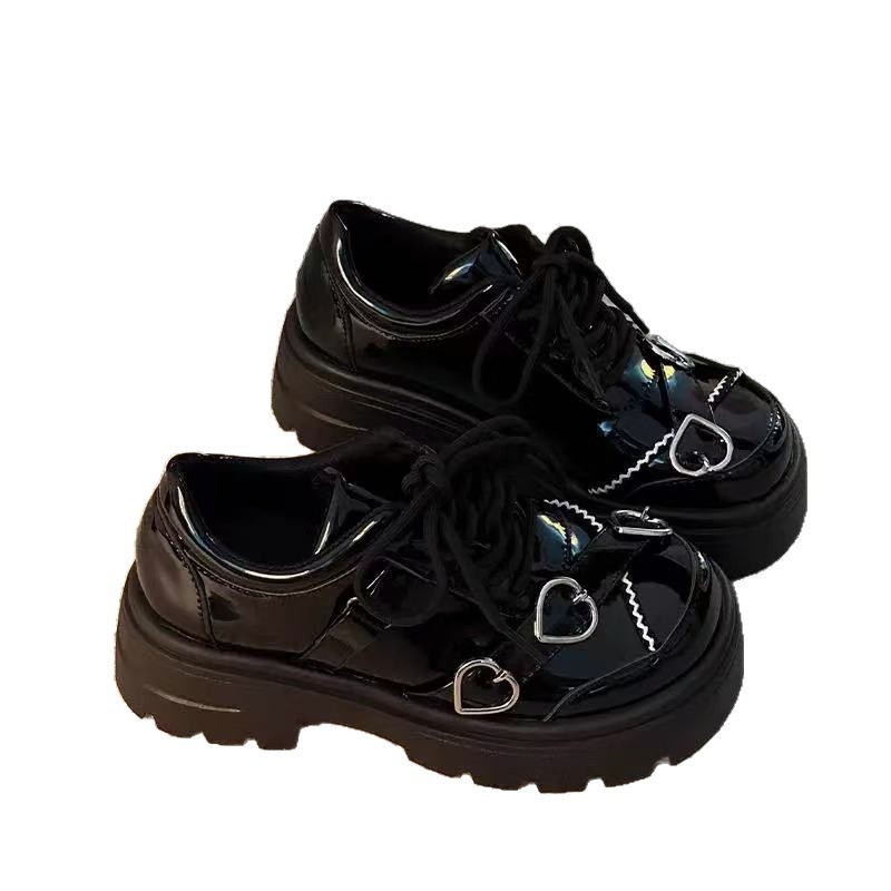 Zapatos de muffins retro dulces y frescos, primavera y otoño 2026, nuevos zapatos de cuero de cordón negro puro, zapatos de cuero para niños grandes, zapatos de un solo tipo negro