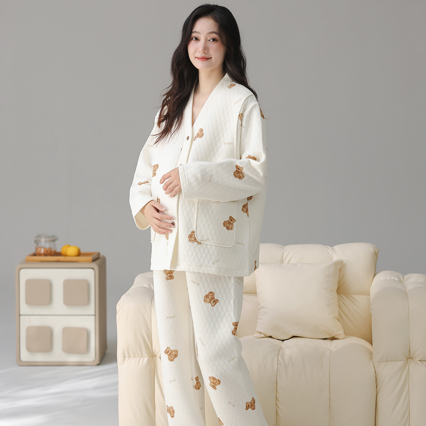 Pure Cotton Confinement Clothes for Women in Autumn and Winter during Pregnancy, Postpartum and Breastfeeding, Long-Sleeved Pajamas, Maternity Home Clothes Two-Piece Set