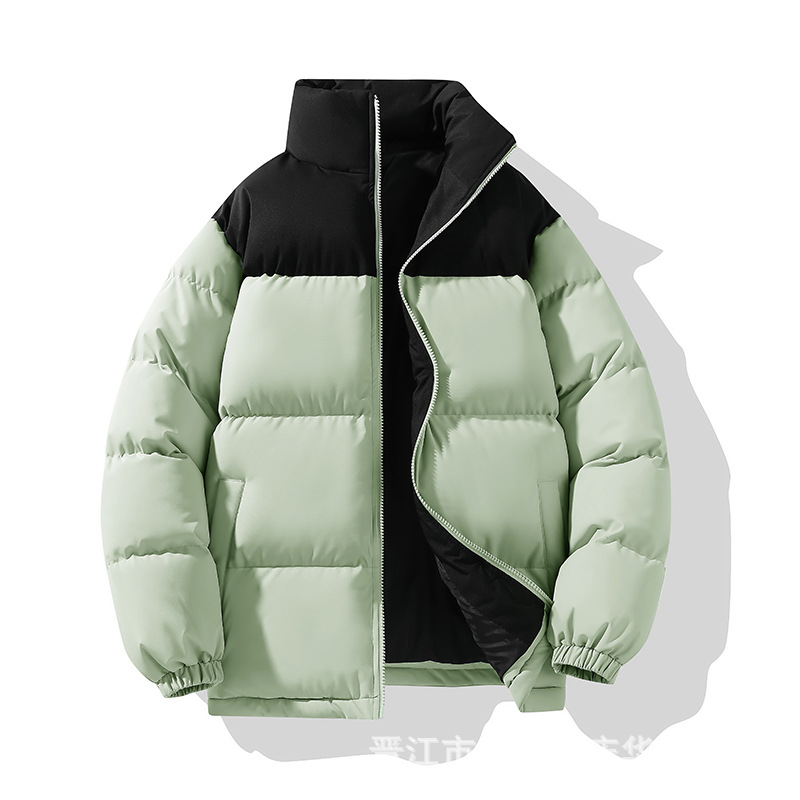 Chaqueta acolchada de algodón estilo pareja para otoño e invierno, corte ajustado, cuello alto con bloques de color, abrigo ligero de algodón, venta al por mayor, logotipo personalizable, dropshipping disponible.