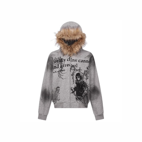 Vintage American Retro distressed hooded plush design sweatshirt for men and women, street fashion faux fur hooded sweatshirt, European and American style.
