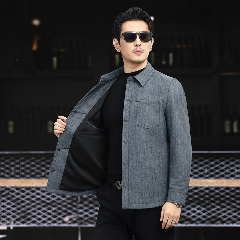 Spring and Autumn Men's First-Layer Cowhide Jacket, Lapel Business Casual Commute, Simple Breathable Genuine Leather Versatile Thin Shirt