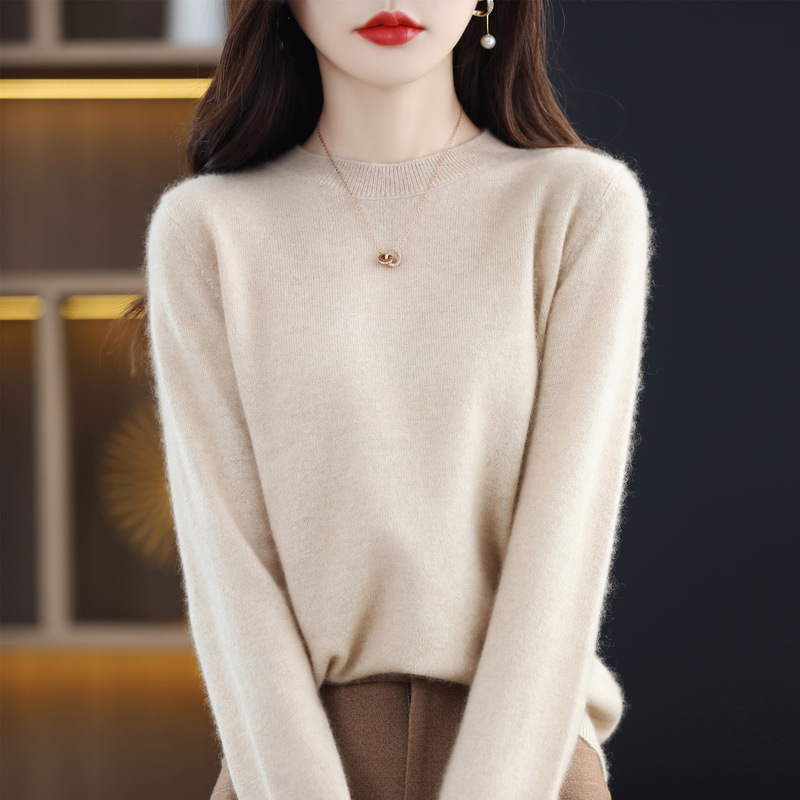 Otoño e Invierno 100% suéter de lana pura de las mujeres de cuello redondo Jersey corto de lana de manga larga suéter recto suéter a juego ropa exterior
