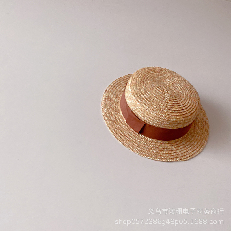 Sombrero de paja de trigo plano para niños, estilo coreano, para playa, ala ancha, protección solar, moda