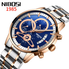 2309新款NIBOSI實心鋼帶男士手錶防水鍍膜玻璃夜光三眼6針石英表