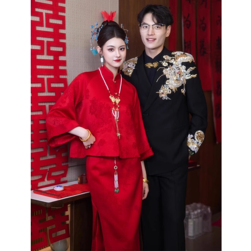 Red Toast Dress for the Bride, New Chinese-Style Improved Cheongsam Set, Red Engagement Dress, High-End Feel for the Homecoming Banquet