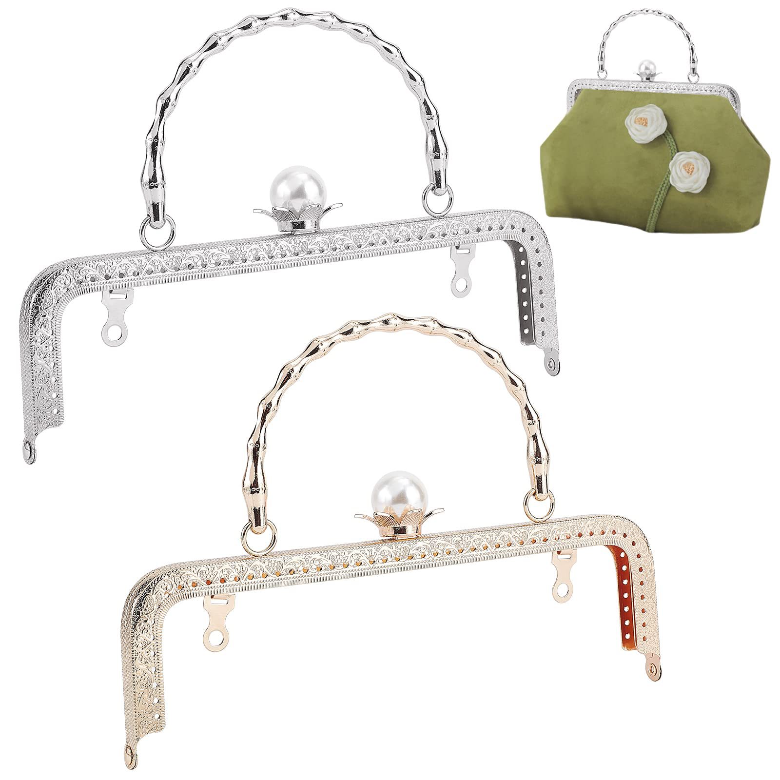 In stock: 25cm square embossed bamboo handle with 20mm pearl head clasp, bag hardware accessories