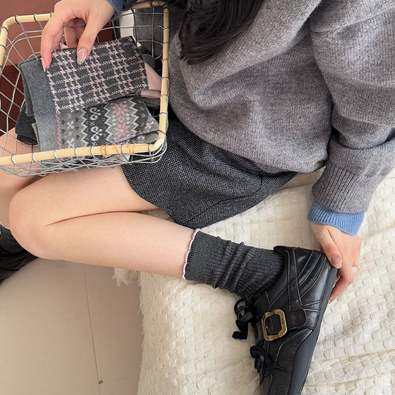 灰色袜子女中筒袜秋冬季miu竖条格纹双针棉长袜可爱蝴蝶结堆堆袜|undefined