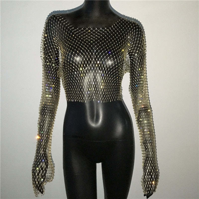 De Europa y América transfronteriza de las mujeres calientes de malla de diamantes de imitación red de pesca de manga larga Sexy Slim rhinestone Top party chica caliente de manga larga