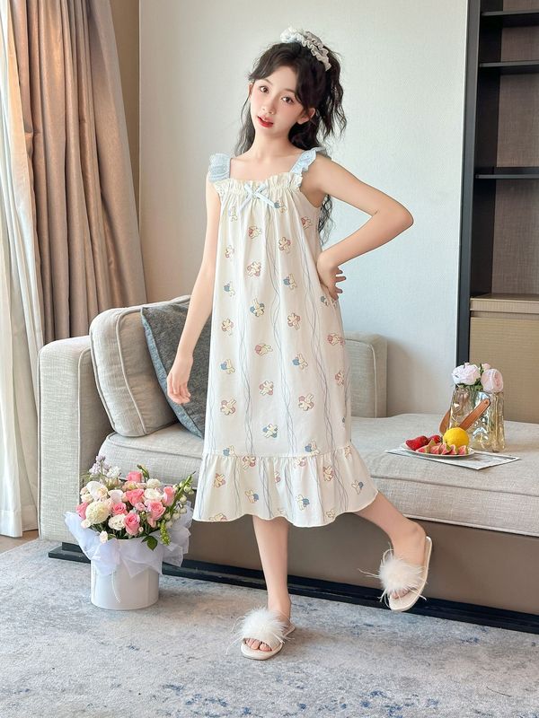 女の子のナイトガウン夏の純粋な綿のサスペンダースカート子供小さな女の子中大子供薄いクールな漫画ホームスカートパジャマ|undefined