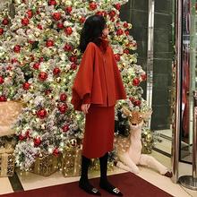 紅色聖誕節新年戰袍過年雙面羊絨毛呢外套連衣裙禮服套裝女裝冬裝