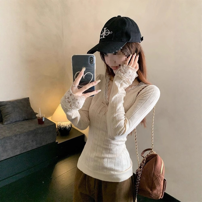 杏色蕾丝花边v领长袖针织衫女早秋蝴蝶结打底衫内搭别致绝美上衣|undefined