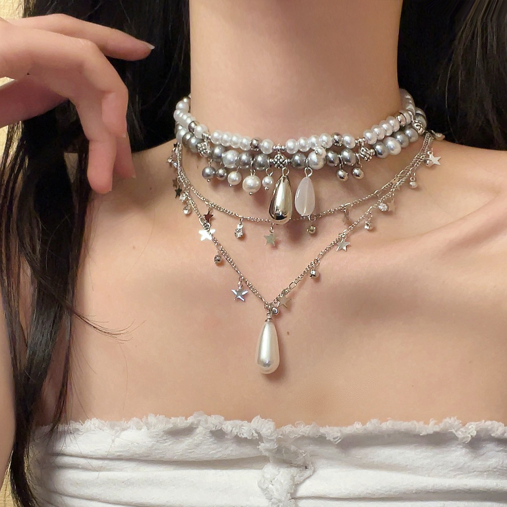 Alloy Pendant Material Double Layer Necklaces, Multi Charms Necklace Classification Elegant Lady Modern Style Geometric Star Alloy Beaded Chain Cable Chain Lobster Trigger Clasp Closure Layered Necklaces Wholesale