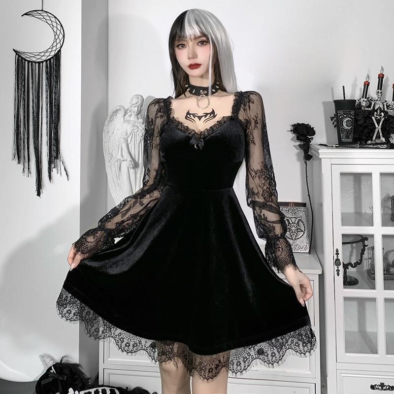 Hy21249 European and American Dark Women's Lace Splicing Breast-Revealing Long-Sleeved Ruffled Waist Slimming Look Casual Dress