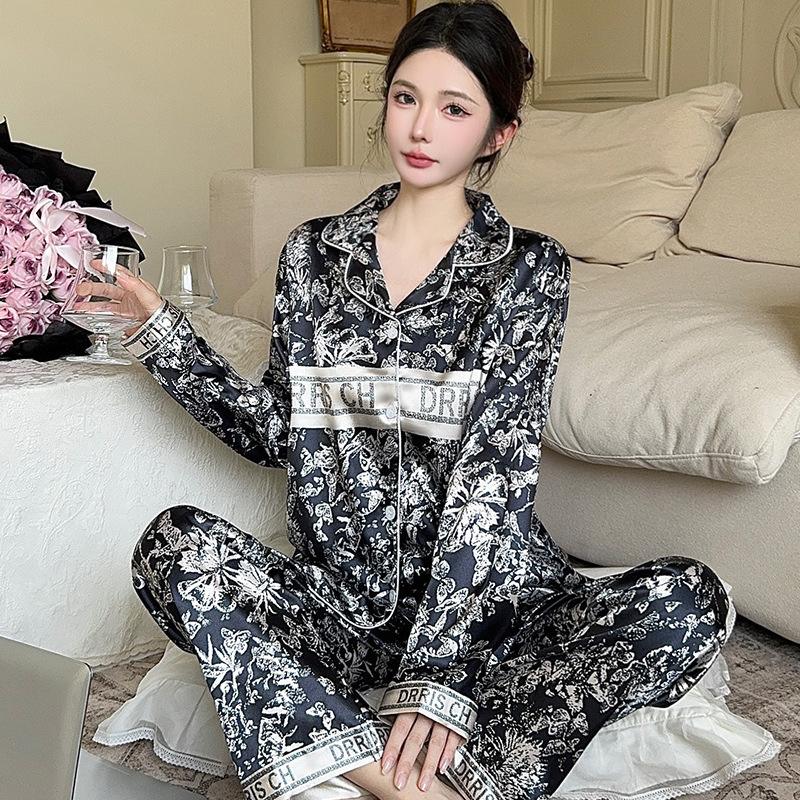 Cross-Border 2026 Spring and Summer Imitation Silk High-End Designer Printed Pajamas for Girls, Long-Sleeved and Long-Pants Casual Loungewear