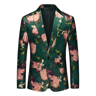 Men's Business Casual Flower Suit Coat Cross-border Korean Slim-fit Dark Green Jacquard Host MC Dress Suit
