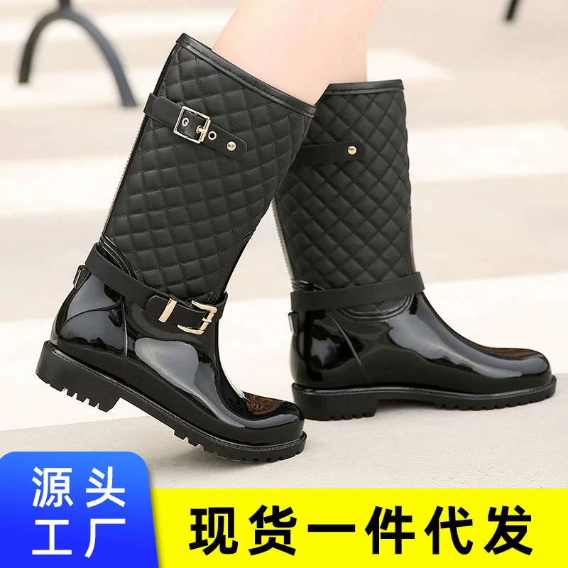Фабрика прямых продаж средний цилиндр дождь и снег мода ромб решетка водонепроницаемая и дождевая женская обувь