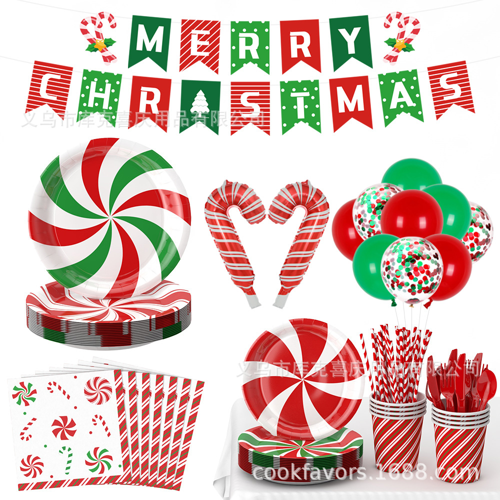 Decoración de fiesta de Navidad transfronteriza Candy de Navidad bandeja de papel desechable toallas de papel tazas y cubiertos set