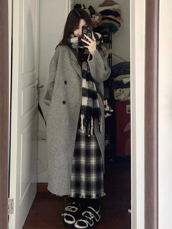 灰色毛呢外套女2025年新款秋冬装韩系小个子高级感中长款呢子大衣|undefined