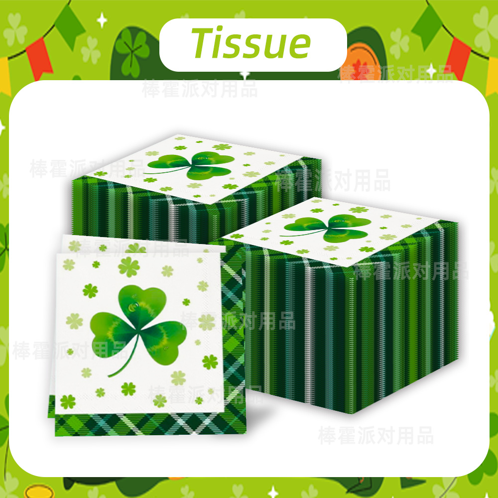 New St. Parker Theme Party Napkin, Green Checkered Clover Printed Napkin, Holiday Decoration Supplies