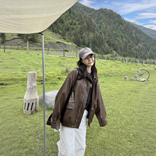 复古韩系棕色拉链PU夹克女2025新款美拉德修身机车风百搭皮衣外套
