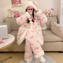 珊瑚绒睡衣女冬季三层夹棉连帽少女家居服加厚加绒法兰绒保暖套装