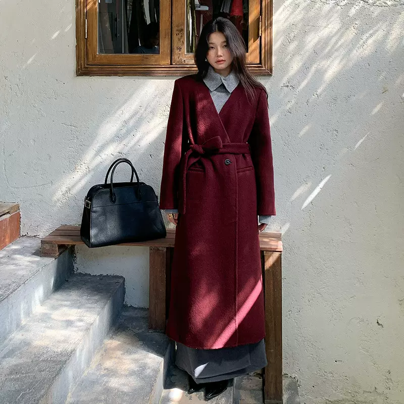 【十三行清仓不退不换】双面羊毛绒大衣女冬长款V领毛呢外套99009