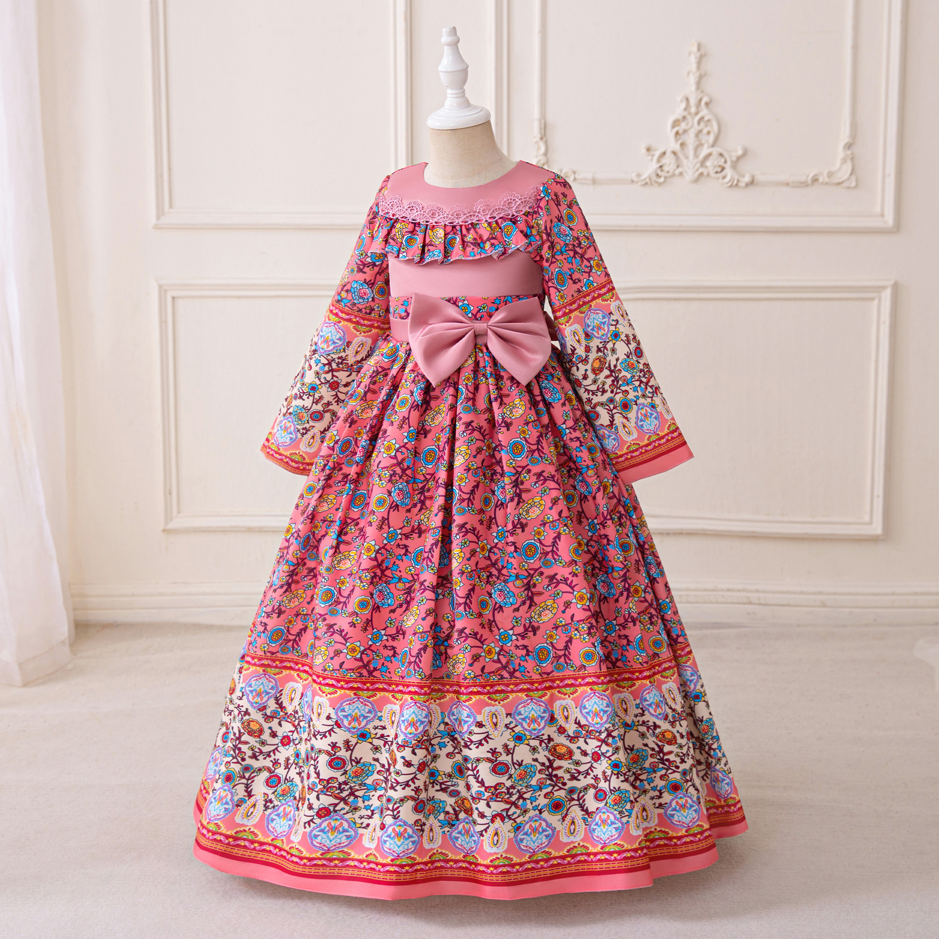 Vestido de noche para niños con flores retrógradas impresión de mangas largas arco de palacio vestido largo de piano para niñas
