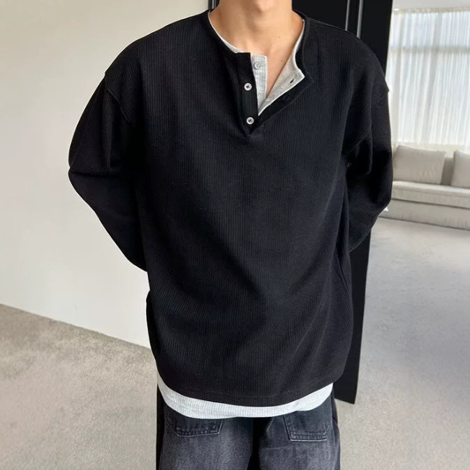 春秋新款加大码假两件男潮胖宽松特大长袖圆领T恤肥佬秋衣打底衫