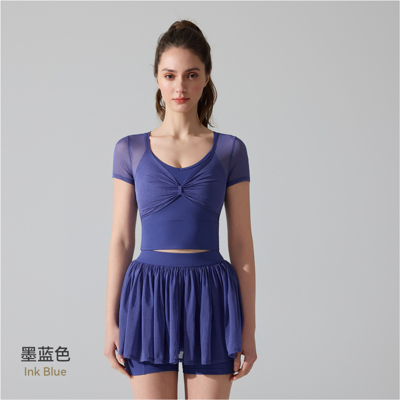 Tenis de alta densidad de tela de tela de vestir tenis bádminton fitness falda corta correr pilates camisa de manga corta mujer image 10
